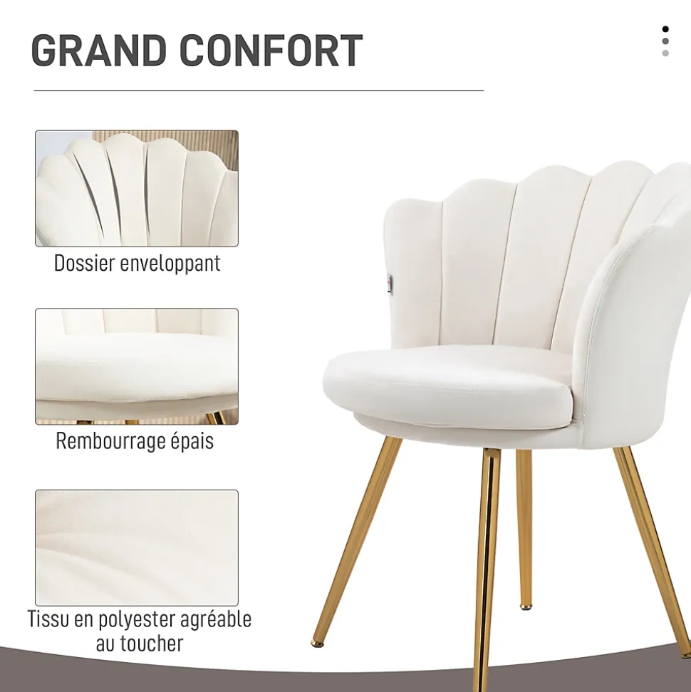 Chaise coquillage chaise design pieds métal dorés effilés velours crème