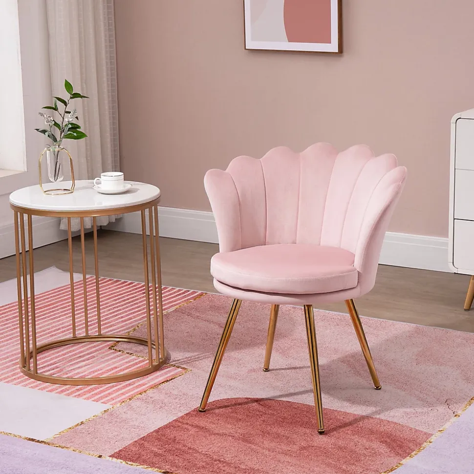 Chaise coquillage chaise design pieds métal dorés effilés velours rose poudré