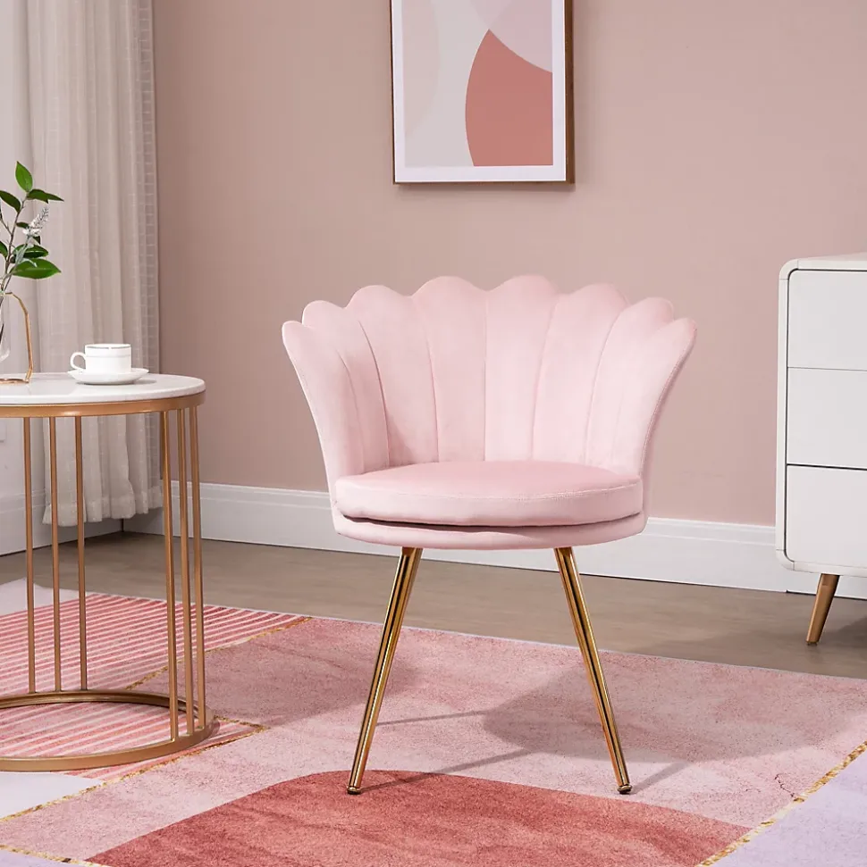 Chaise coquillage chaise design pieds métal dorés effilés velours rose poudré
