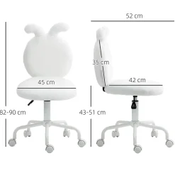 Chaise de Bureau - Chaise Pivotante avec Oreilles de Lapin, Réglable en Hauteur pour Chambre, design Velours, Blanc, 52x45x90 cm