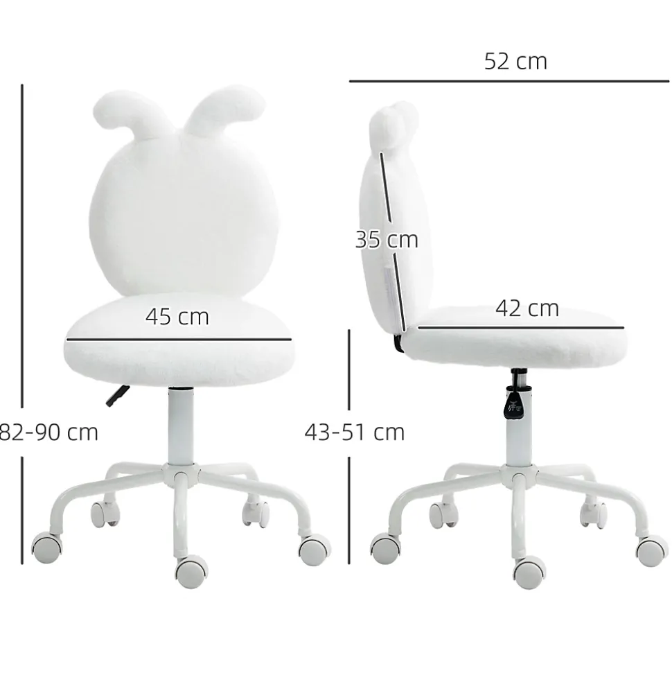 Chaise de Bureau - Chaise Pivotante avec Oreilles de Lapin, Réglable en Hauteur pour Chambre, design Velours, Blanc, 52x45x90 cm