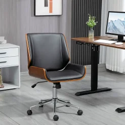 Chaise de Bureau - Chaise de Bureau Vintage avec Dossier Inclinable et Pivotant, design Industriel Bois et Métal, PU Noir