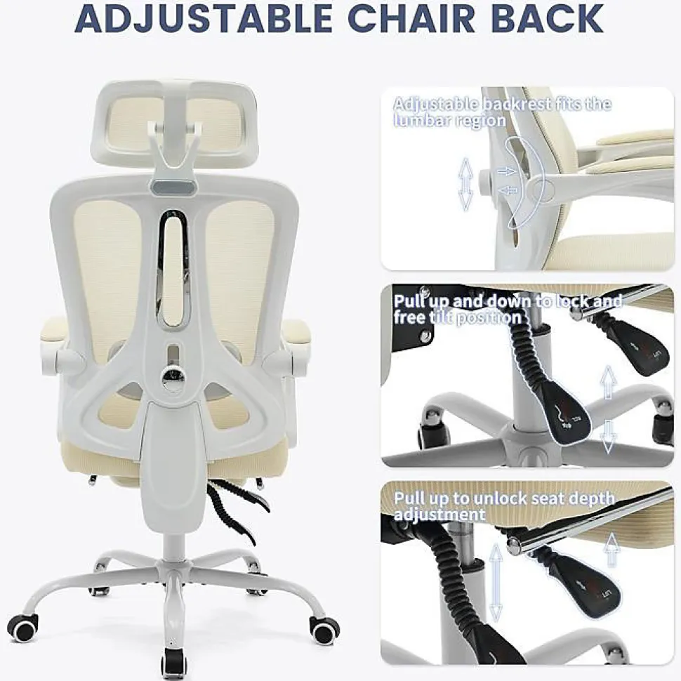 Chaise de Bureau - PROMIRACAL - Inclinable - Mesh Respirant - Repose-Pieds Extensible - Beige