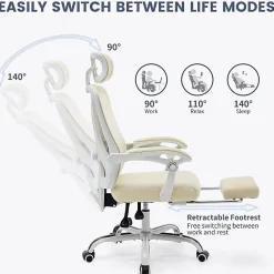 Chaise de Bureau - PROMIRACAL - Inclinable - Mesh Respirant - Repose-Pieds Extensible - Beige