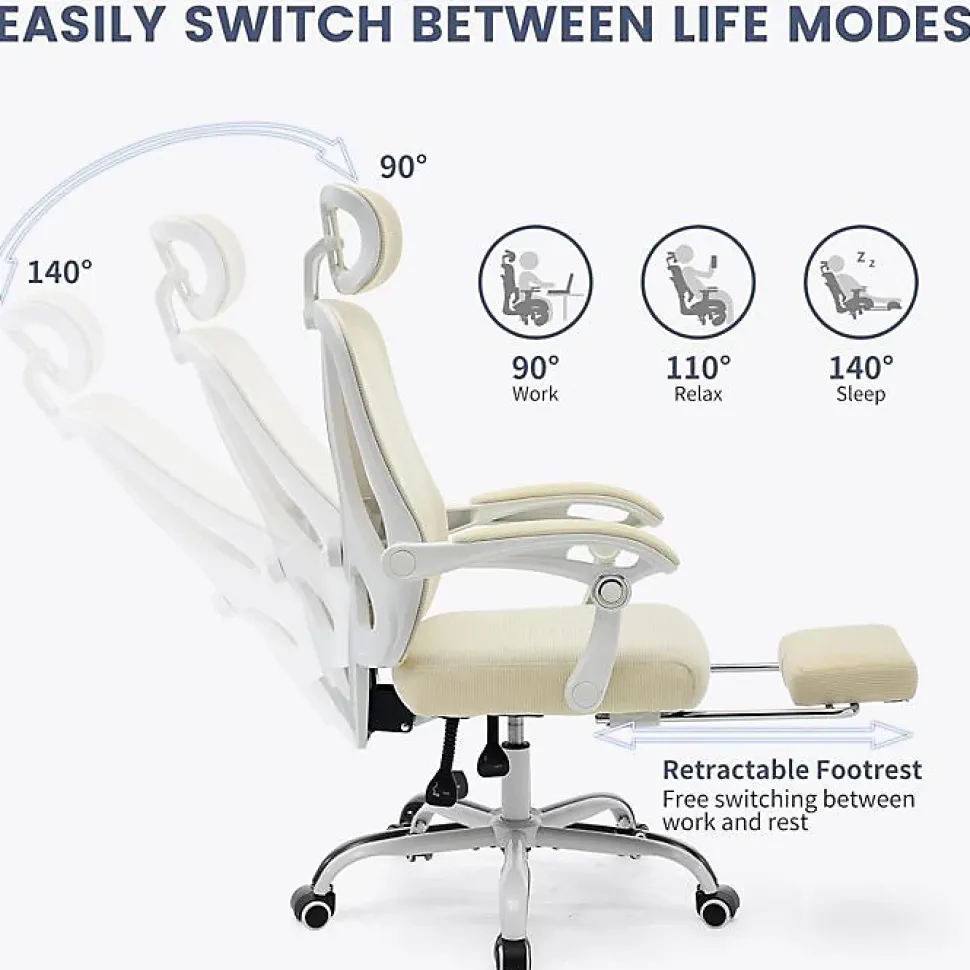 Chaise de Bureau - PROMIRACAL - Inclinable - Mesh Respirant - Repose-Pieds Extensible - Beige