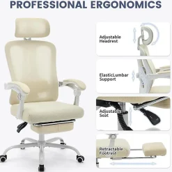Chaise de Bureau - PROMIRACAL - Inclinable - Mesh Respirant - Repose-Pieds Extensible - Beige