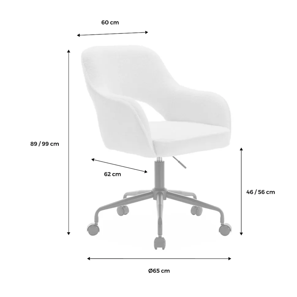 Chaise de bureau à roulettes bouclettes blanche. Jim. L 60 x P 62 x H 89 / 99cm.