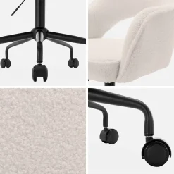 Chaise de bureau à roulettes bouclettes blanche. Jim. L 60 x P 62 x H 89 / 99cm.