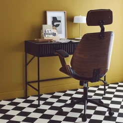 Chaise de bureau à roulettes décor bois courbé placage effet noyer et simili cuir noir