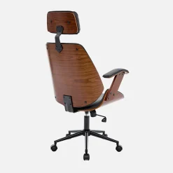 Chaise de bureau à roulettes décor bois courbé placage effet noyer et simili cuir noir