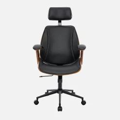 Chaise de bureau à roulettes décor bois courbé placage effet noyer et simili cuir noir