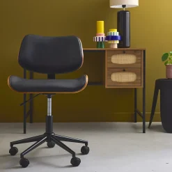 Chaise de bureau à roulettes décor bois courbé placage effet noyer et simili cuir noir