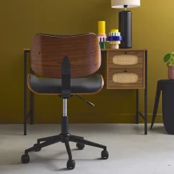 Chaise de bureau à roulettes décor bois courbé placage effet noyer et simili cuir noir