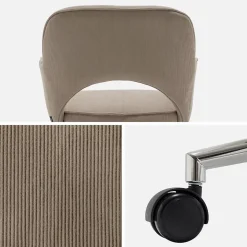 Chaise de bureau à roulettes velours côtelé taupe piétement chromé. L 60 x P 62 x H 89 / 99cm