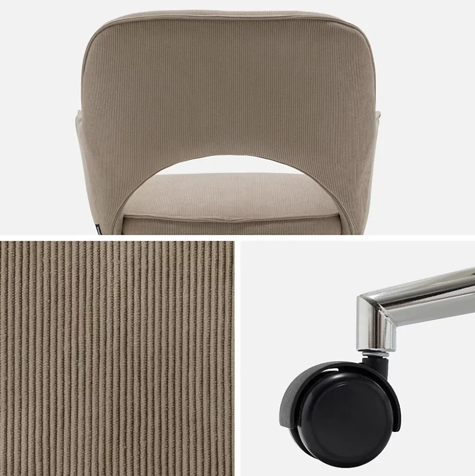 Chaise de bureau à roulettes velours côtelé taupe piétement chromé. L 60 x P 62 x H 89 / 99cm