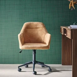 Chaise de bureau à roulettes ajustable métal et tissu camel - L 57 x P 57 x H 85/94.5cm - Stan