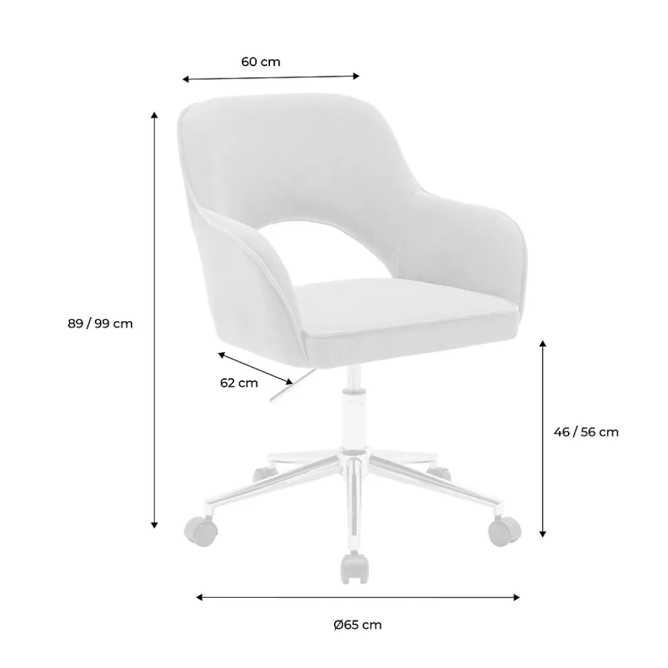 Chaise de bureau à roulettes velours côtelé blanc cassé piétement chromé. L 60 x P 62 x H 89 / 99cm
