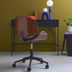 Chaise de bureau à roulettes bois courbé avec placage effet noyer et assise noire