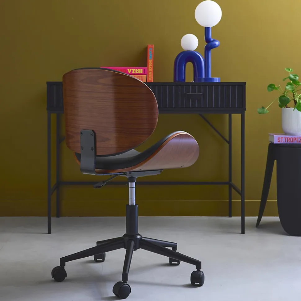 Chaise de bureau à roulettes bois courbé avec placage effet noyer et assise noire