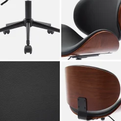 Chaise de bureau à roulettes bois courbé avec placage effet noyer et assise noire