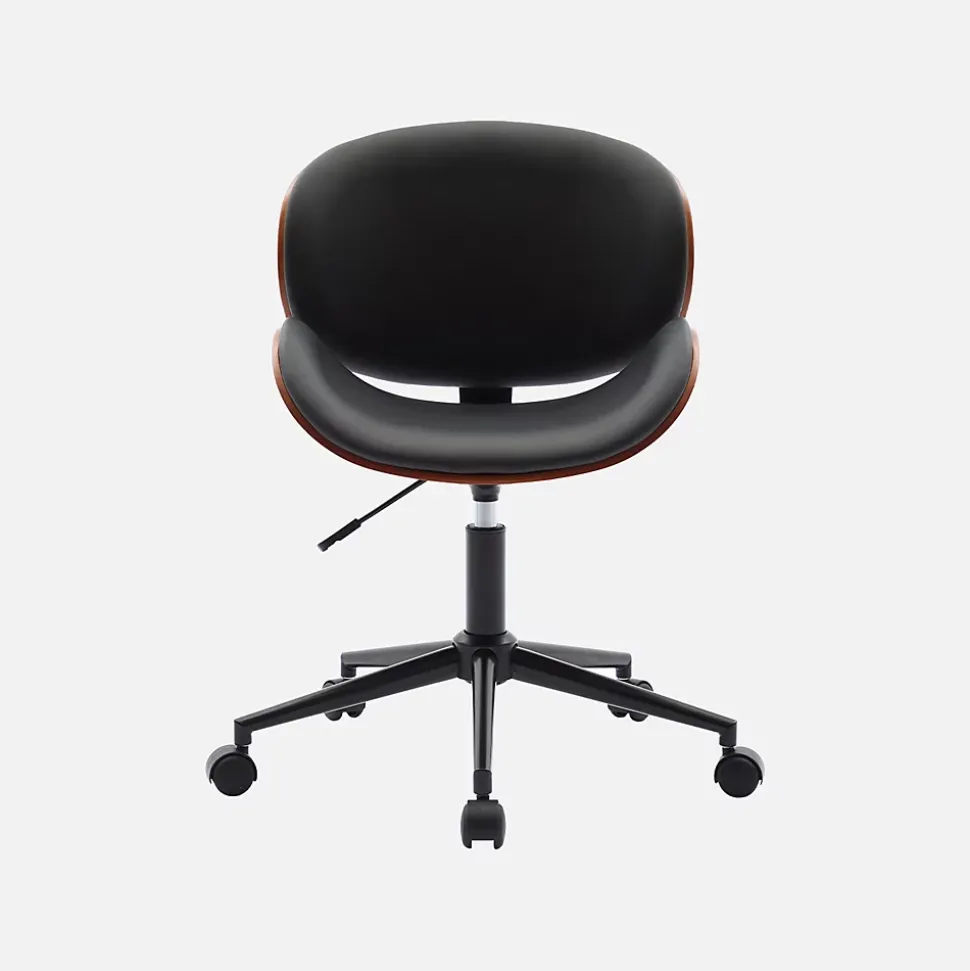 Chaise de bureau à roulettes bois courbé avec placage effet noyer et assise noire