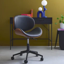 Chaise de bureau à roulettes bois courbé avec placage effet noyer et assise noire