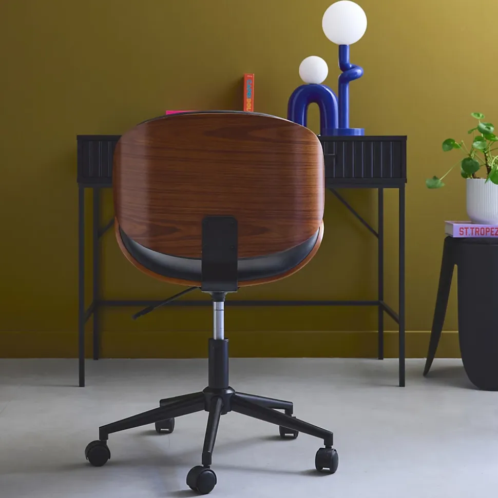 Chaise de bureau à roulettes bois courbé avec placage effet noyer et assise noire