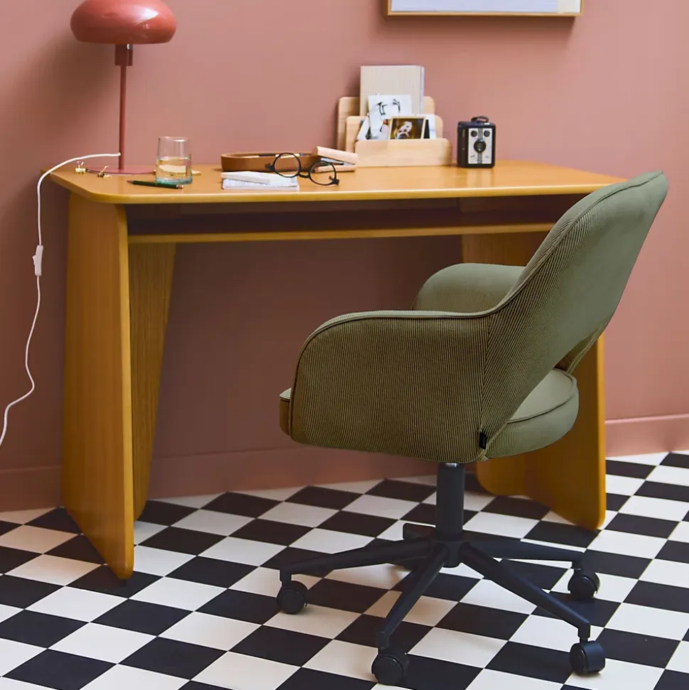 Chaise de bureau à roulettes velours côtelé kaki. L 60 x P 62 x H 89 / 99cm