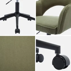 Chaise de bureau à roulettes velours côtelé kaki. L 60 x P 62 x H 89 / 99cm