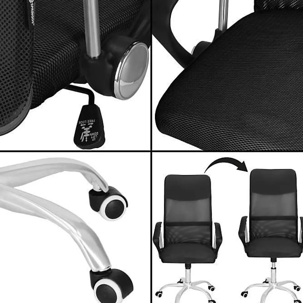 Chaise de bureau - SPRINGOS - Réglable en hauteur - Dossier rembourré - Noir - Mobilité sur roulettes