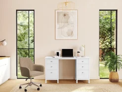 Chaise de bureau - Velours - Beige et argenté - Hauteur réglable - ELEANA