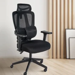 Chaise de bureau Altamont, ergonomique, charge max 135 kg, réglable en hauteur avec accoudoirs et appuie-tête. Noir