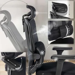 Chaise de bureau Altamont, ergonomique, charge max 135 kg, réglable en hauteur avec accoudoirs et appuie-tête. Noir