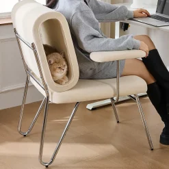 Chaise de Bureau avec Niche pour Chat, Chaise Rotative, Accoudoirs Réglables, Pieds Métal, Tissu+MDF - Beige