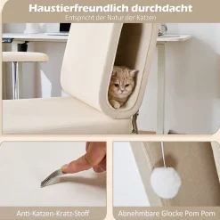 Chaise de Bureau avec Niche pour Chat, Chaise Rotative, Accoudoirs Réglables, Pieds Métal, Tissu+MDF - Beige