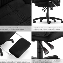 Chaise de bureau avec repose-pieds et revêtement en velours noir