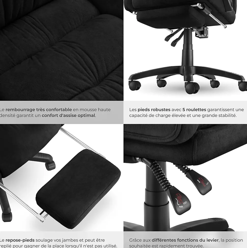 Chaise de bureau avec repose-pieds et revêtement en velours noir