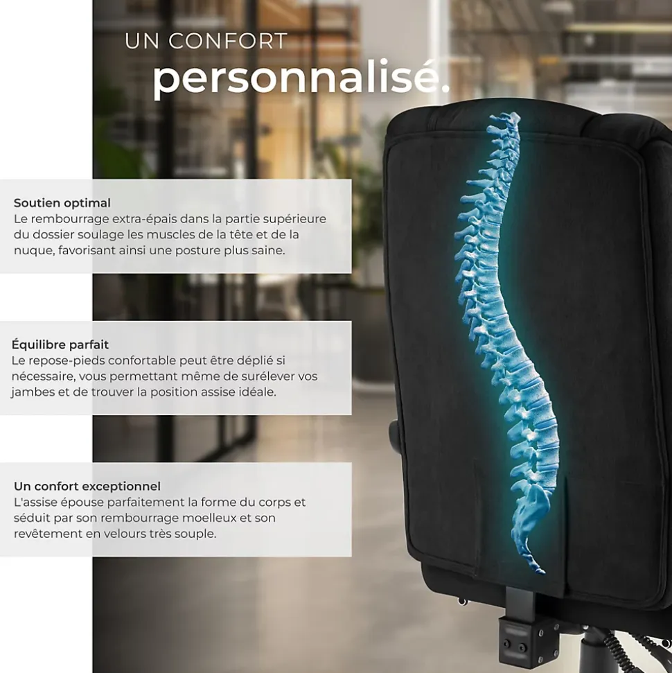 Chaise de bureau avec repose-pieds et revêtement en velours noir