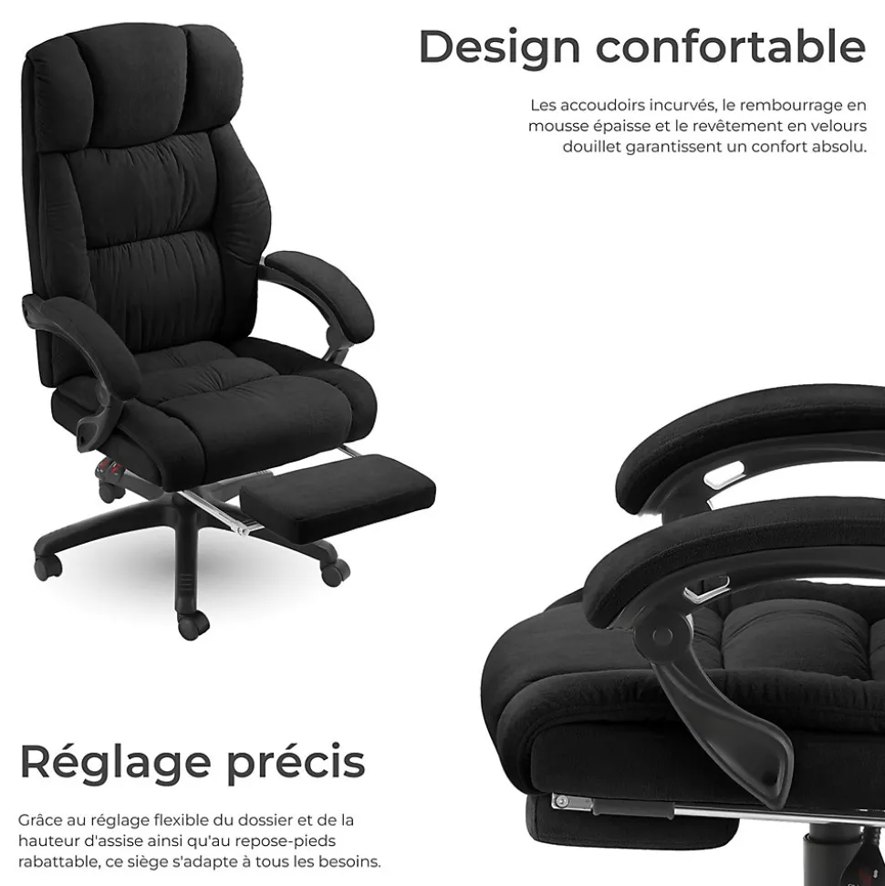 Chaise de bureau avec repose-pieds et revêtement en velours noir