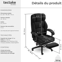 Chaise de bureau avec repose-pieds et revêtement en velours noir