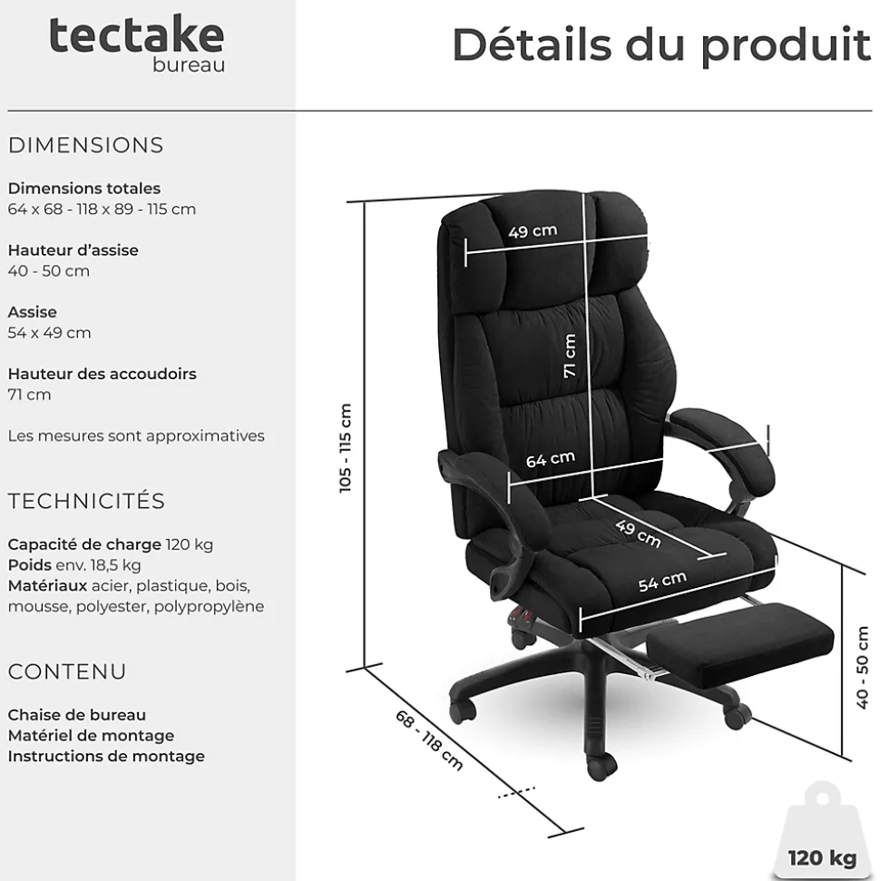 Chaise de bureau avec repose-pieds et revêtement en velours noir