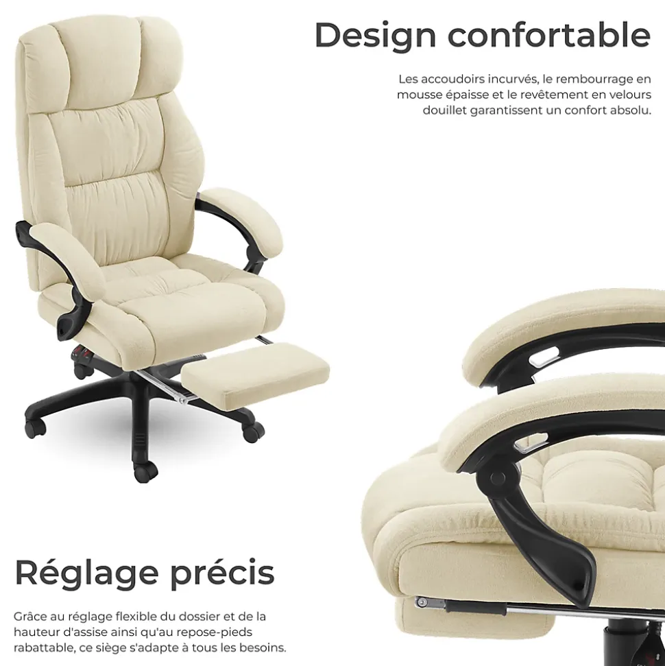 Chaise de bureau avec repose-pieds et revêtement en velours beige