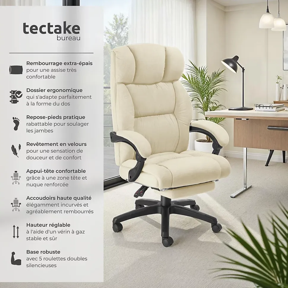 Chaise de bureau avec repose-pieds et revêtement en velours beige