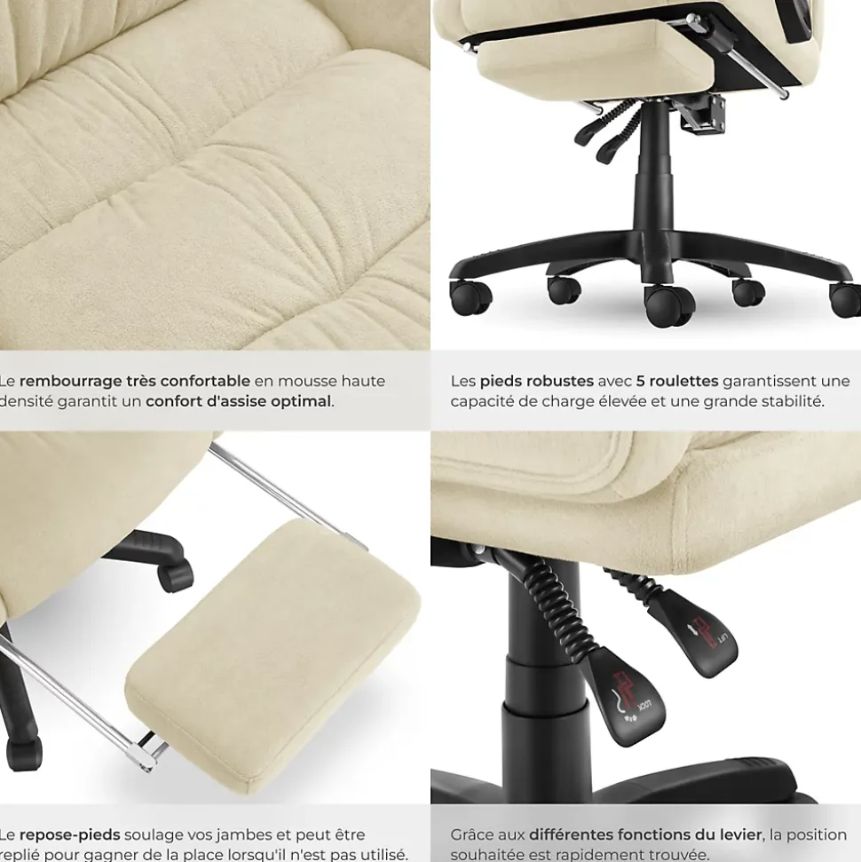 Chaise de bureau avec repose-pieds et revêtement en velours beige