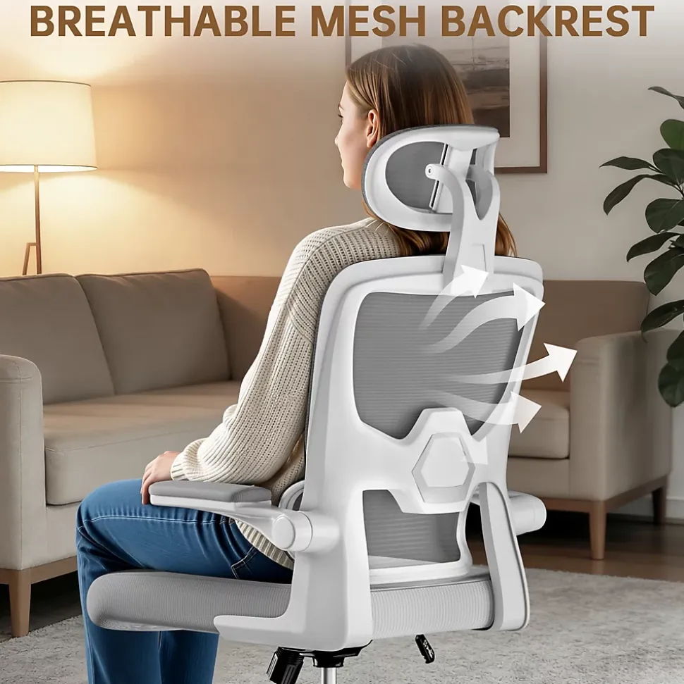 Chaise de Bureau Ergonomique avec Accoudoirs Pliables, Hauteur Réglable, Dossier Respirant