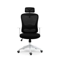 Chaise de bureau ergonomique noire et blanche avec appuie tête, dossier respirant et hauteur réglable