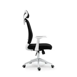 Chaise de bureau ergonomique noire et blanche avec appuie tête, dossier respirant et hauteur réglable