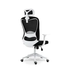 Chaise de bureau ergonomique noire et blanche avec appuie tête, dossier respirant et hauteur réglable