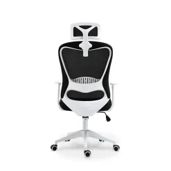 Chaise de bureau ergonomique noire et blanche avec appuie tête, dossier respirant et hauteur réglable