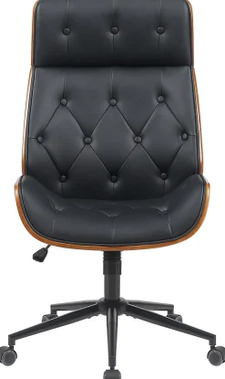 Chaise de bureau ergonomique Martil, aspect Chesterfield, pivotante, réglable en hauteur, bois courbé stratifié Noir